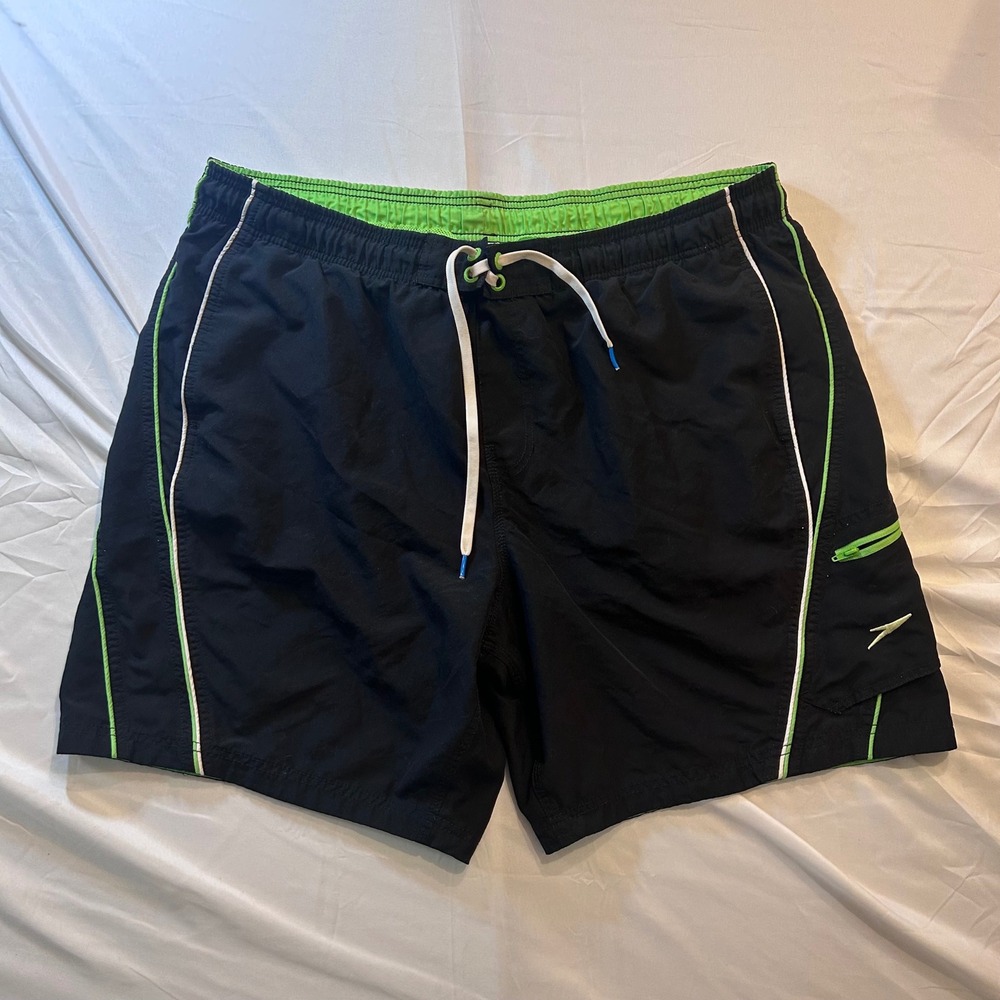 Speedo Mens Swim Trunks Black Neon Green Lined Board Shorts Large